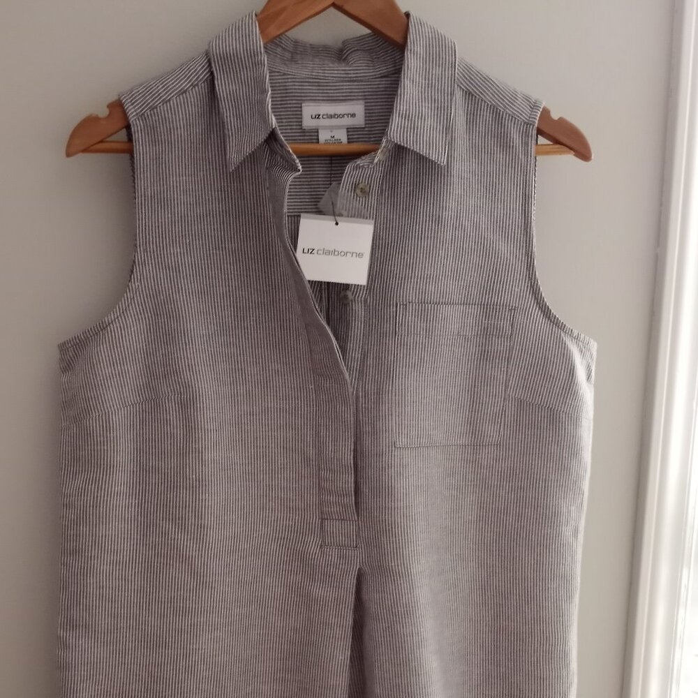 'LIZ CLAIBORNE' Charcoal/White Pinstripe Sleeveless Shirt Dress Size M  NWT